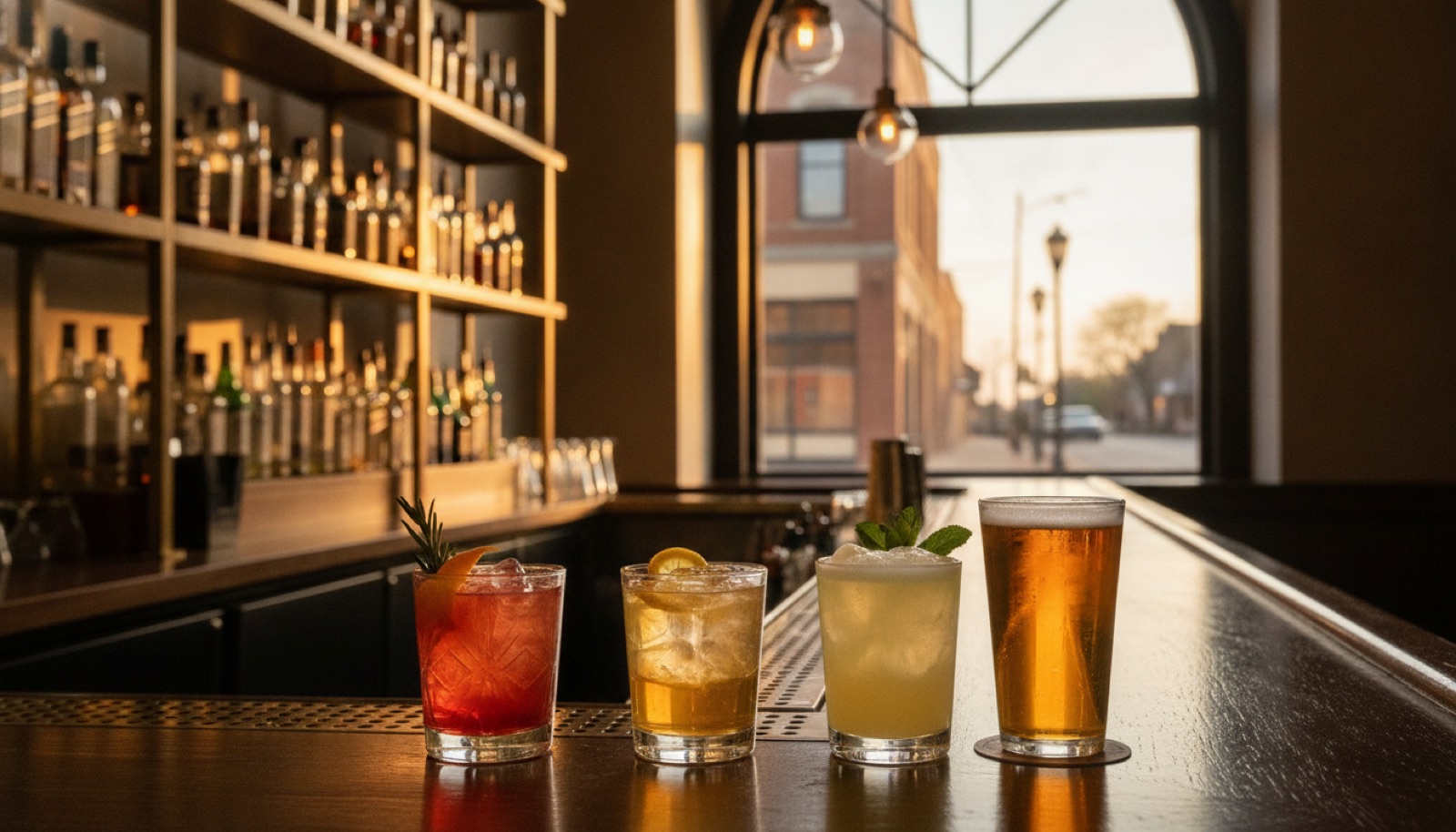 A warmly lit Columbia, Missouri bar at happy hour
